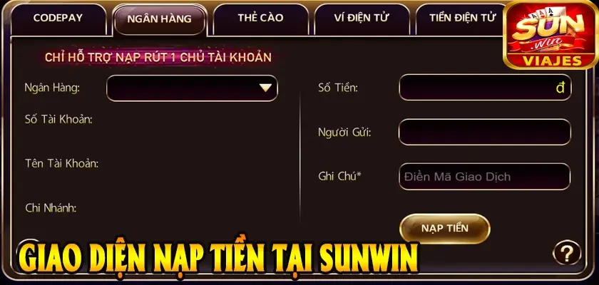 Nạp Tiền SUNWIN – Hướng Dẫn Nhanh & Nhận Khuyến Mãi Ngay 1 giao diện nạp tiền tại SUNWin